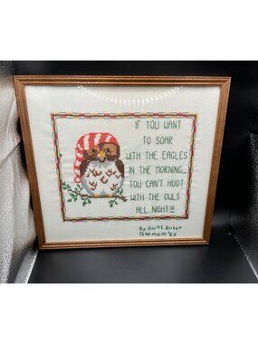 Framed Vintage Cross-Stitch Owl Quote Wall Art 1985 Handmade Red Green kitschy